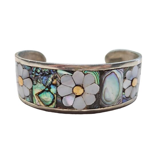 Unknown Jewelry - VINTAGE MEXICO ALPACA SILVER MOLDED CUFF BRACELET MOTHER PEARL INLAY FLOWER